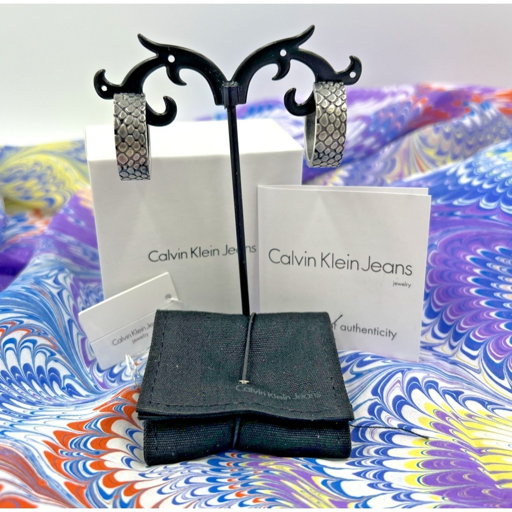 Calvin Klein Snake Skin Print Hoop Earrings Gun Metal Tone NWT.